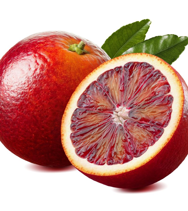 Red blood orange and half with leaf isolated on white background as package design element